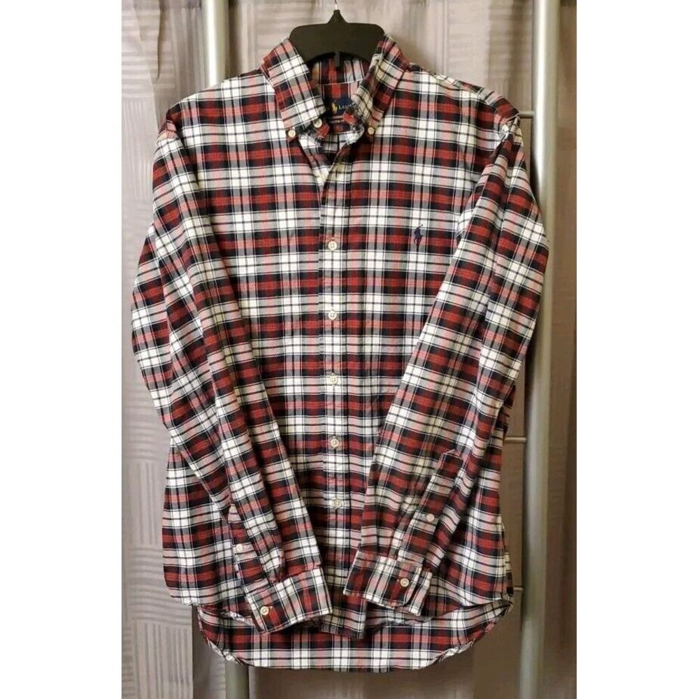 Ralph‎ Lauren Shirt Mens Medium Red Tartan Plaid Custom Fit Button Up Blue Pony